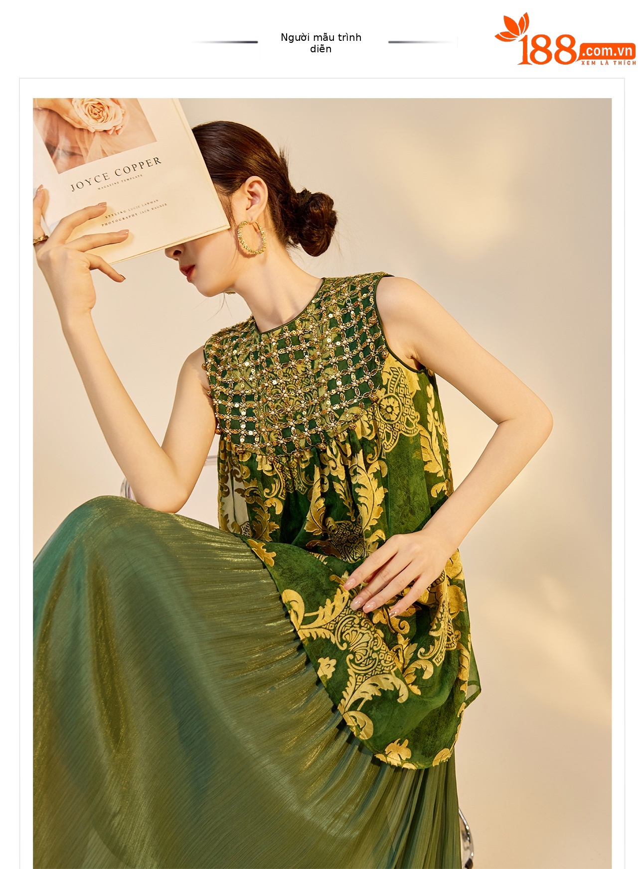 Đầm maxi nữ phong cách Trung Hoa mới, tay không, đính cườm lụa, dáng thắt eo N6041 — màu vàng, xanh lá cây chi tiết 1