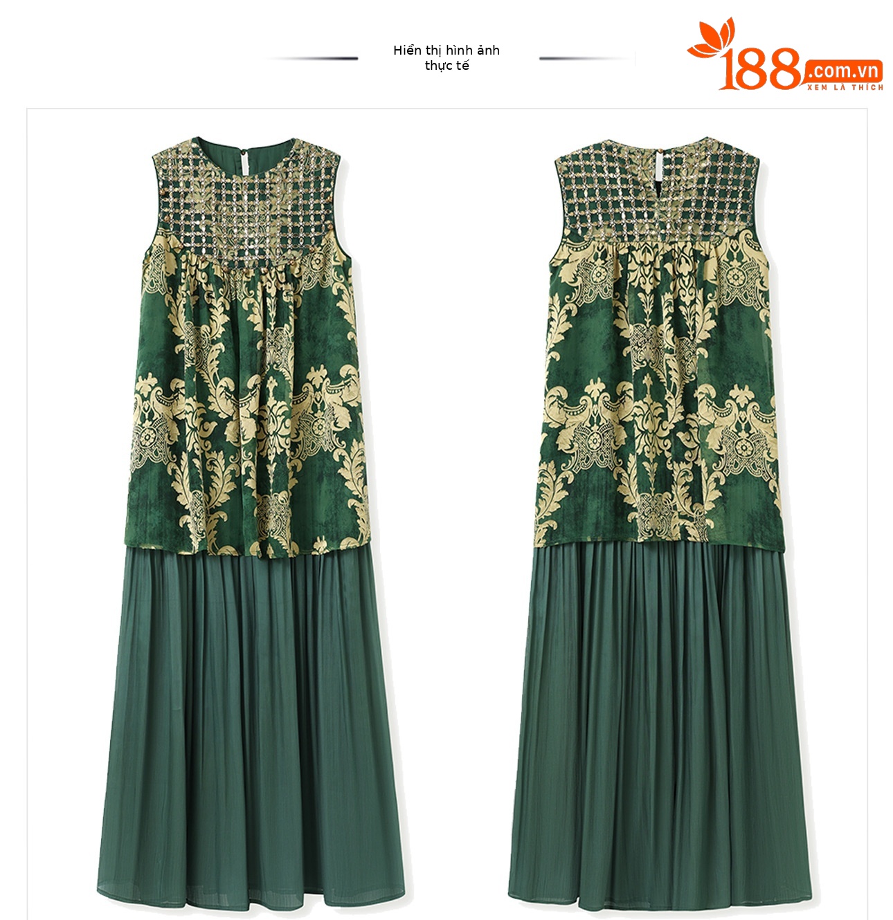 Đầm maxi nữ phong cách Trung Hoa mới, tay không, đính cườm lụa, dáng thắt eo N6041 — màu vàng, xanh lá cây chi tiết 38