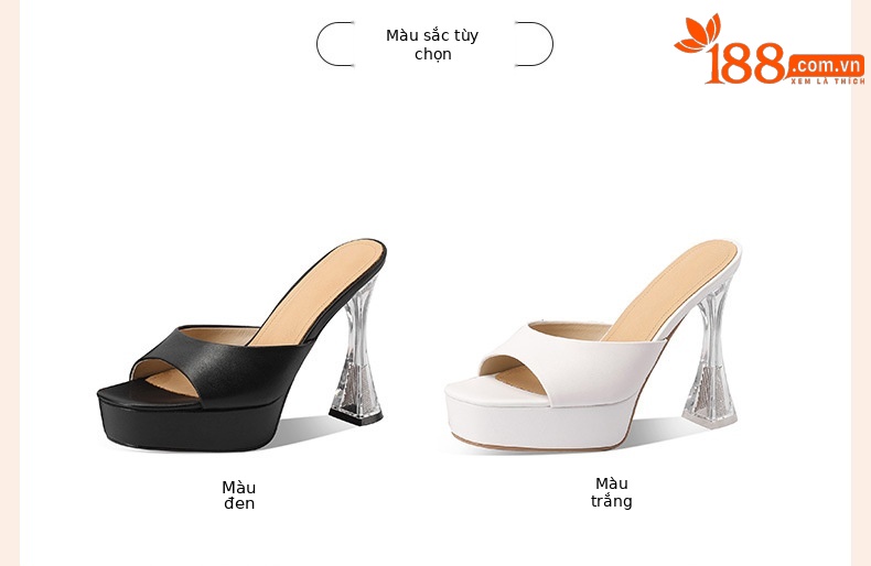 Sandal cao gót nữ hở mũi đế dày platform da thật gót pha lê — đen chi tiết 1
