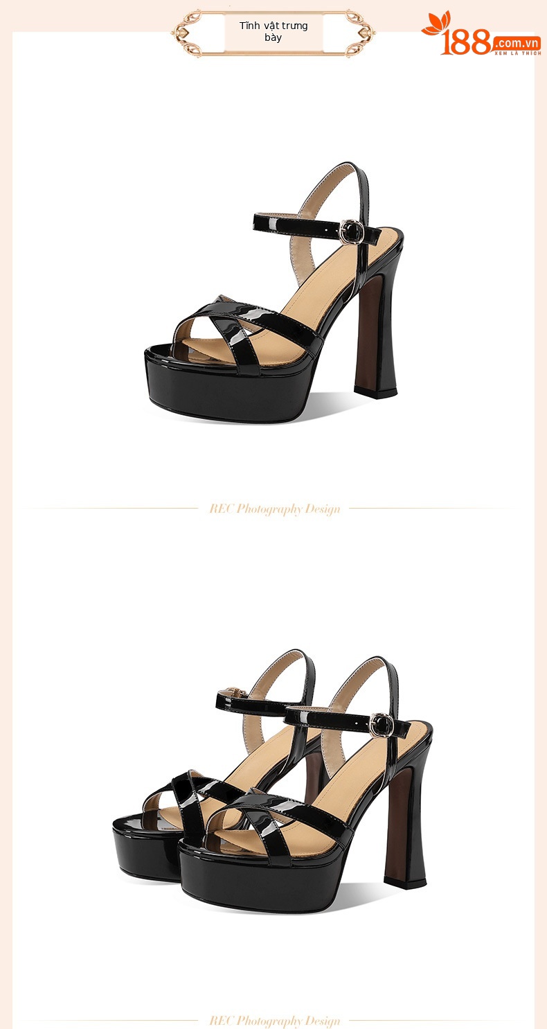 Sandal cao gót nữ hở mũi quai ngang đế dày phong cách Hàn Quốc — đen chi tiết 2