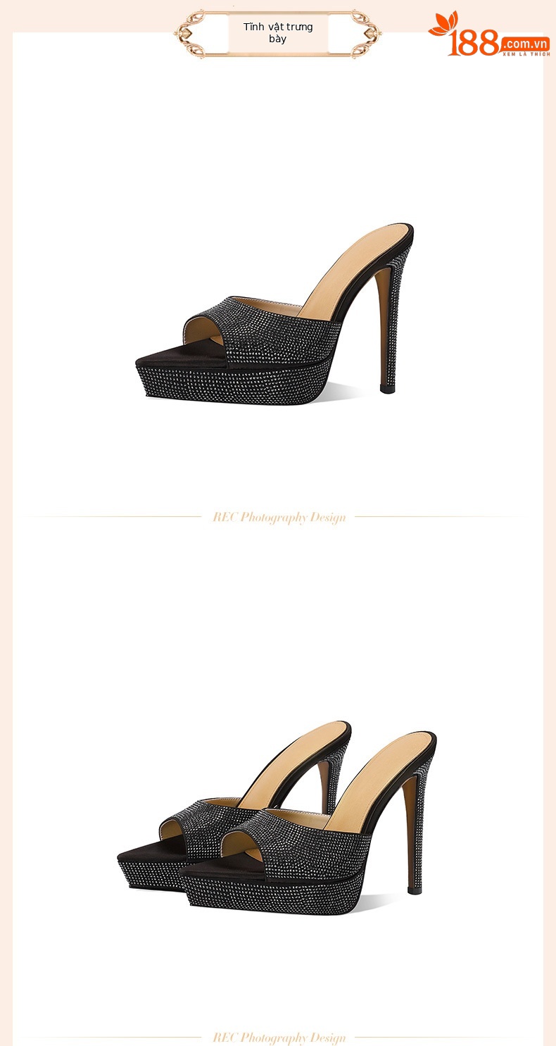 Sandal cao gót nữ hở mũi đính đá platform gót nhọn 9 cm — Champagne màu chi tiết 2