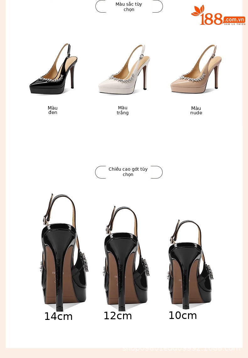 Sandal cao gót nữ mũi nhọn quai một chữ đính pha lê, gót 14 cm, đế platform — Đen 14cm chi tiết 1