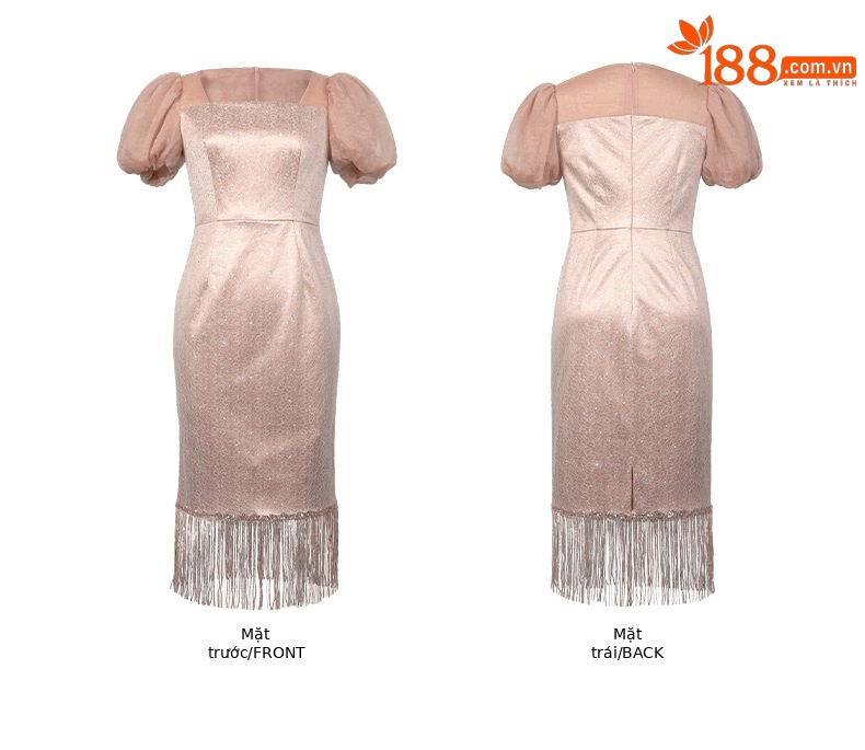Đầm dự tiệc kiểu Pháp cổ vuông tay phồng ôm dáng phối tua rua — Màu vàng nude chi tiết 3