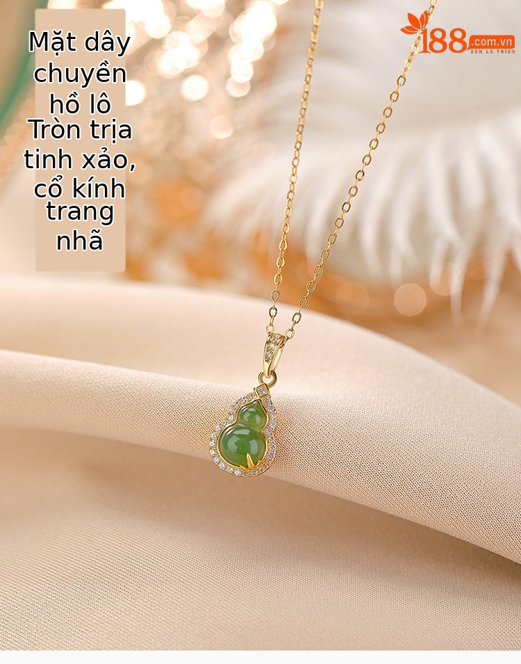 Mặt dây chuyền bạc S925 mạ vàng đính ngọc bích tự nhiên hình lá tre và quả hồ lô — Bạc (không kèm dây) chi tiết 1