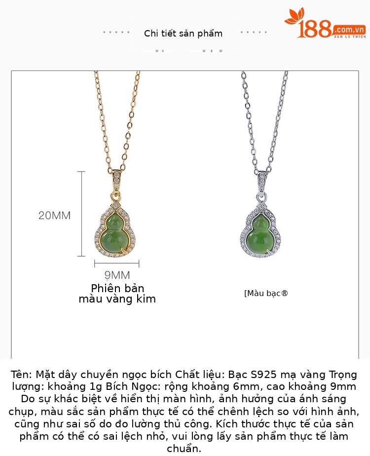 Mặt dây chuyền bạc S925 mạ vàng đính ngọc bích tự nhiên hình lá tre và quả hồ lô — Bạc (không kèm dây) chi tiết 2