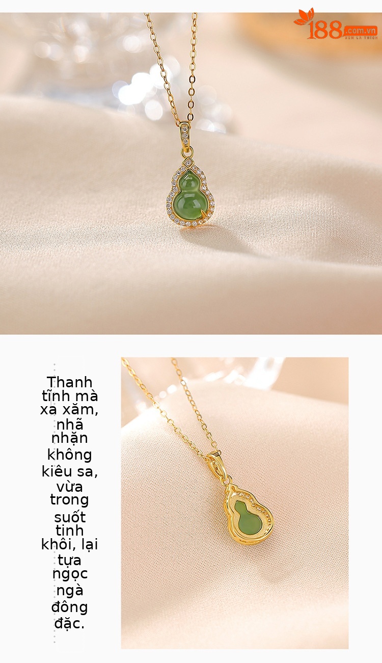 Mặt dây chuyền bạc S925 mạ vàng đính ngọc bích tự nhiên hình lá tre và quả hồ lô — Bạc (không kèm dây) chi tiết 3
