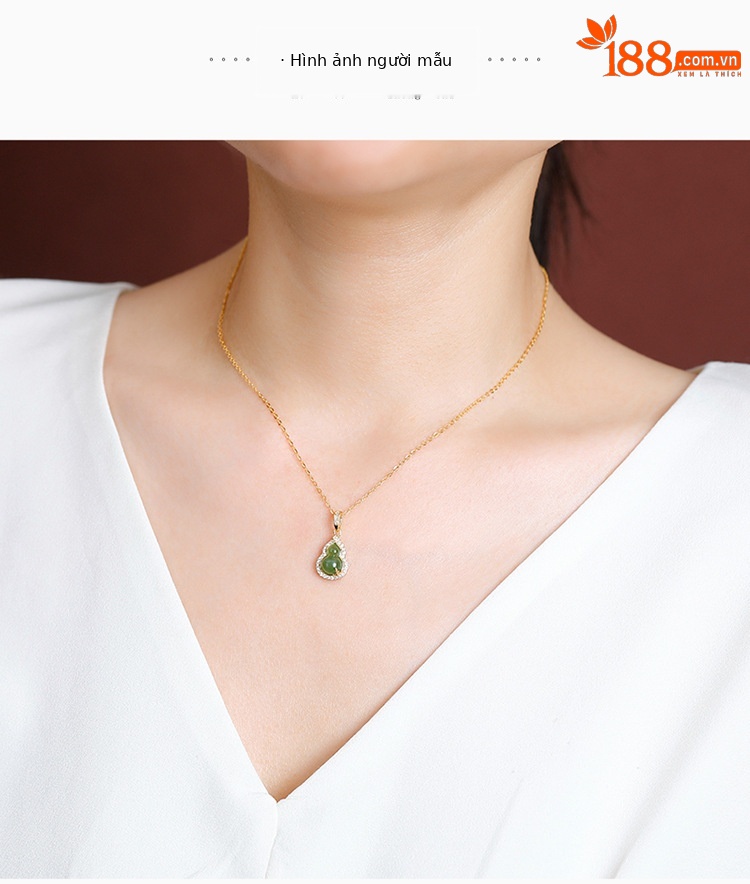 Mặt dây chuyền bạc S925 mạ vàng đính ngọc bích tự nhiên hình lá tre và quả hồ lô — Bạc (không kèm dây) chi tiết 5