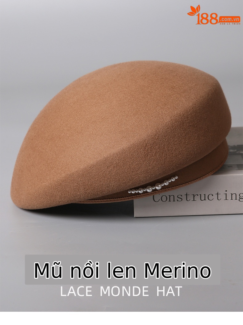 Mũ nồi len beret định hình phong cách Hàn Quốc, có ngọc trai trang trí, dành cho nữ — màu đen chi tiết 1