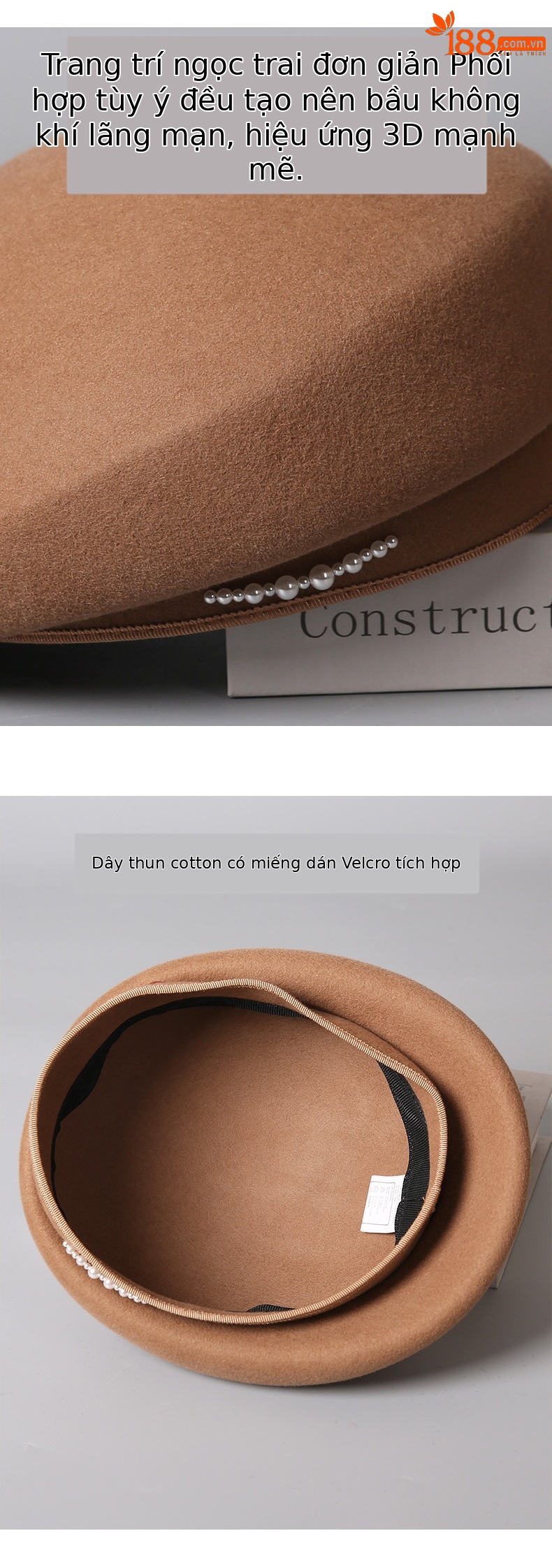 Mũ nồi len beret định hình phong cách Hàn Quốc, có ngọc trai trang trí, dành cho nữ — màu đen chi tiết 3