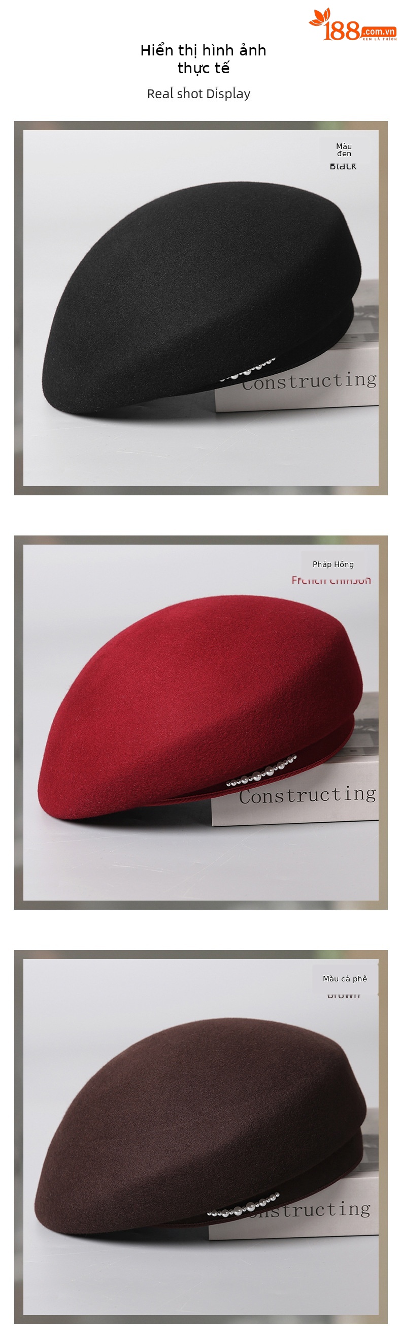 Mũ nồi len beret định hình phong cách Hàn Quốc, có ngọc trai trang trí, dành cho nữ — màu đen chi tiết 4
