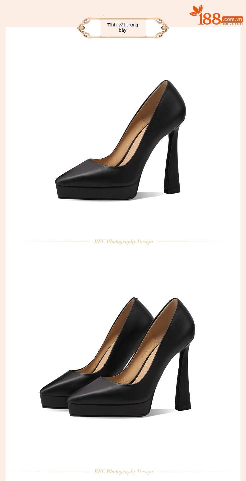 Giày cao gót nữ mũi nhọn gót siêu cao 12 cm, đế platform, phong cách dạ tiệc sang trọng — Đen 12cm chi tiết 1