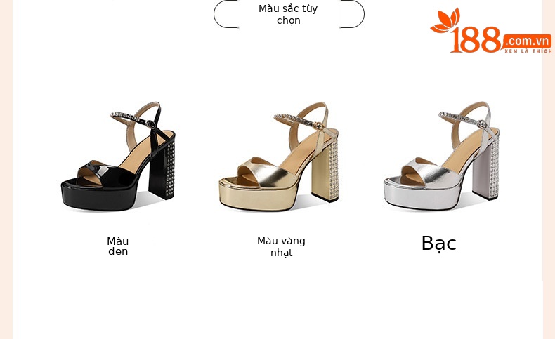 Sandal cao gót nữ quai ngang đính đá gót vuông platform hở mũi — đen chi tiết 1