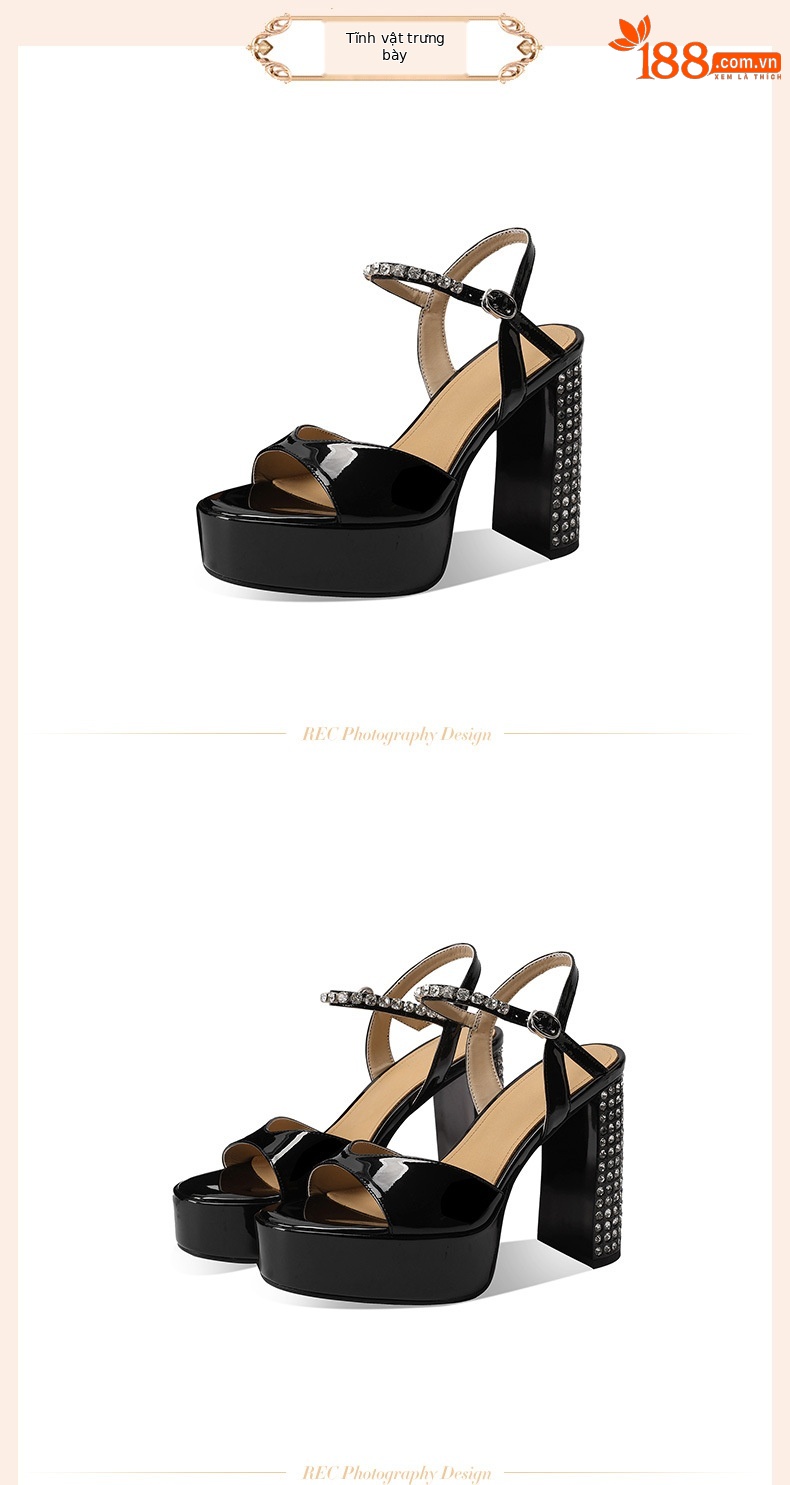 Sandal cao gót nữ quai ngang đính đá gót vuông platform hở mũi — đen chi tiết 2