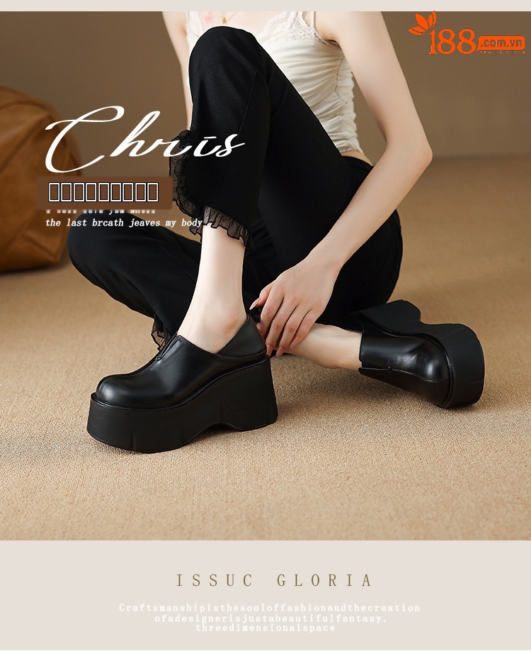 Giày loafer nữ đế xuồng platform da bò cao cấp gót 9 cm — màu đen, màu trắng ngà chi tiết 2