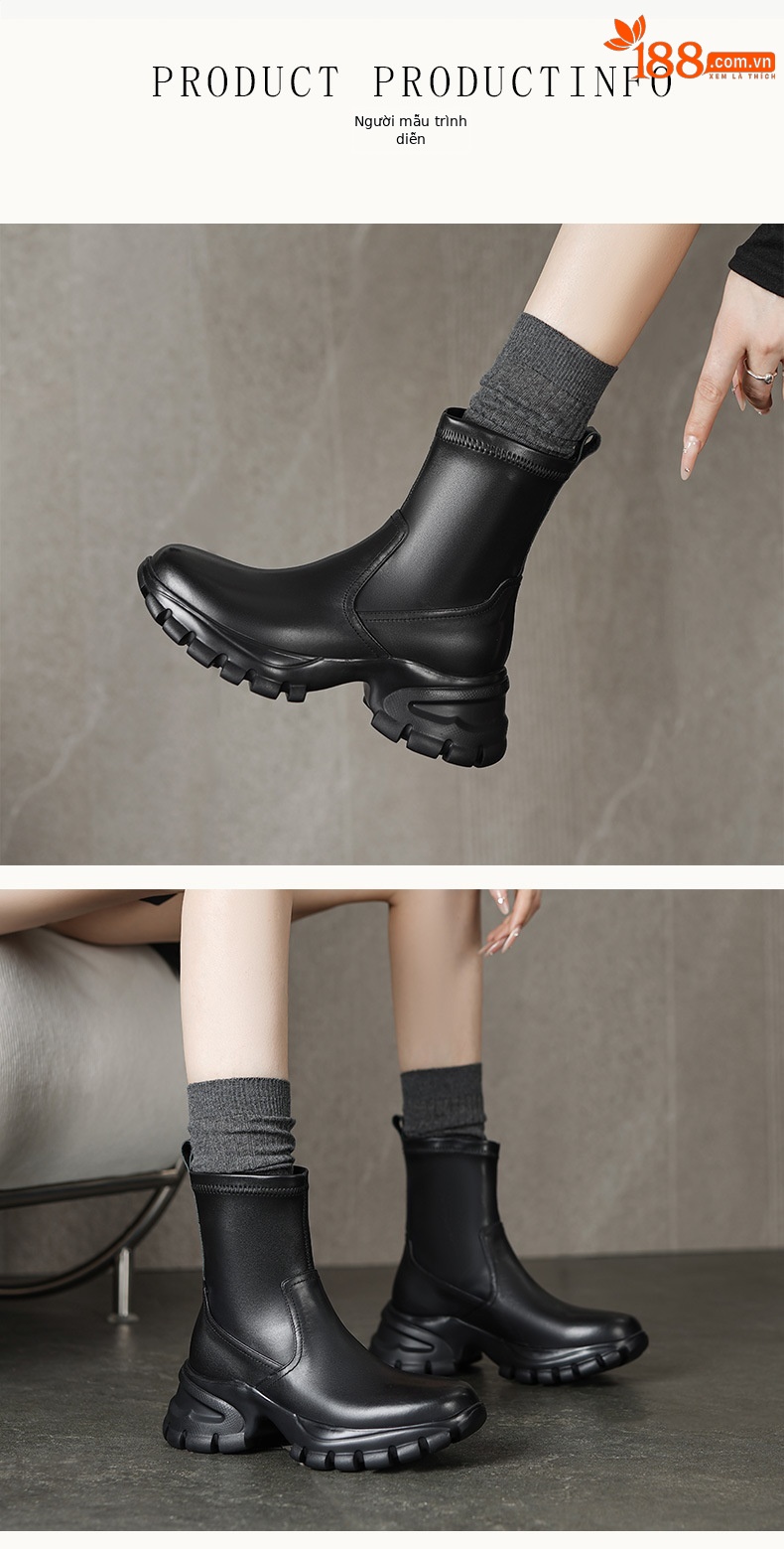Boot da Chelsea nữ đế dày tăng chiều cao, cổ thun co giãn, dáng ôm chân — Lót nhung đen, Trong danh sách đen chi tiết 2