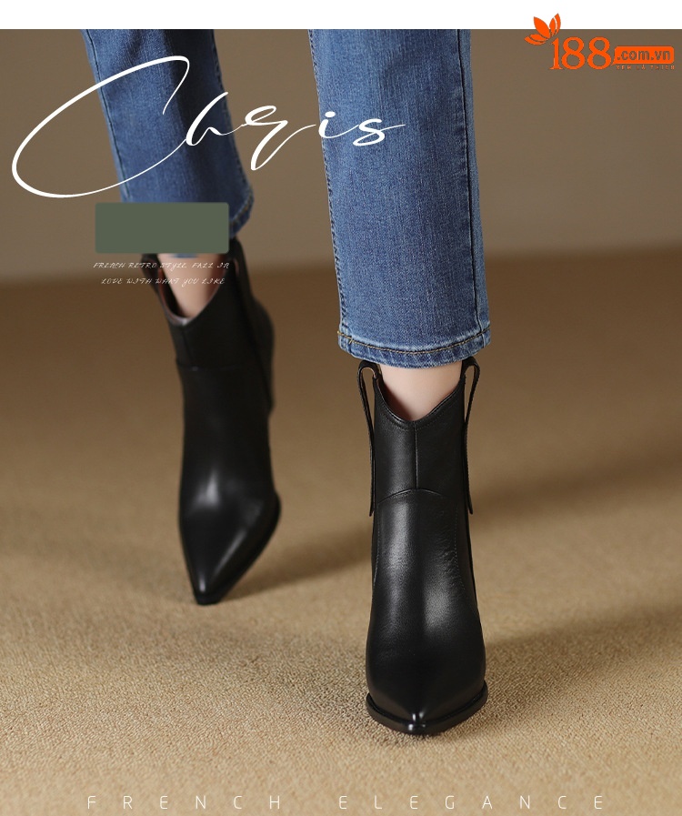 Boot Chelsea nữ cổ thun da bò gót 8 cm mũi nhọn màu kaki — Màu kaki chi tiết 1