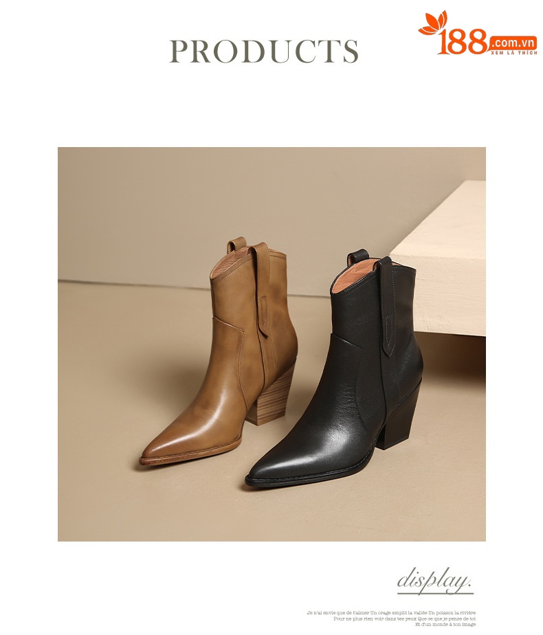 Boot Chelsea nữ cổ thun da bò gót 8 cm mũi nhọn màu kaki — Màu kaki chi tiết 4