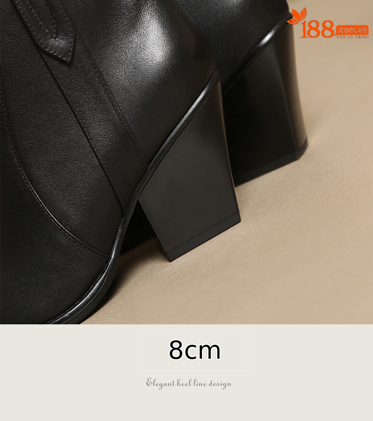 Boot Chelsea nữ cổ thun da bò gót 8 cm mũi nhọn màu kaki — Màu kaki chi tiết 16