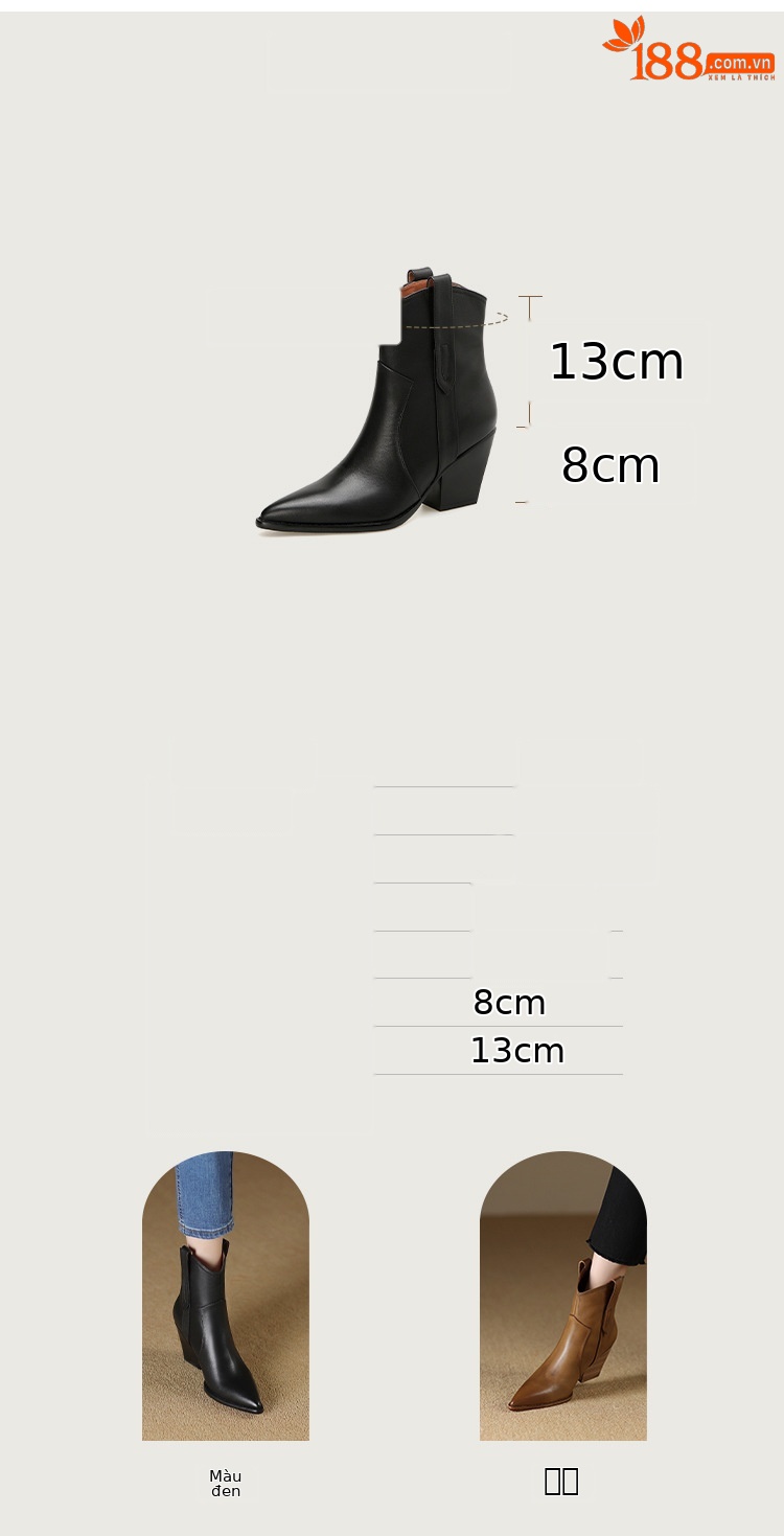 Boot Chelsea nữ cổ thun da bò gót 8 cm mũi nhọn màu kaki — Màu kaki chi tiết 3