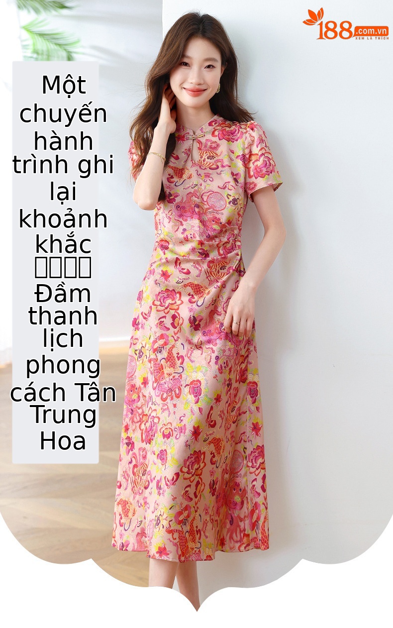 Đầm maxi nữ cổ đứng dài tay họa tiết hoa phong cách Tân Trung thức mùa hè 2025 — Màu hồng, Màu vàng chi tiết 1