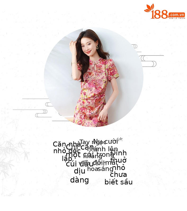 Đầm maxi nữ cổ đứng dài tay họa tiết hoa phong cách Tân Trung thức mùa hè 2025 — Màu hồng, Màu vàng chi tiết 2