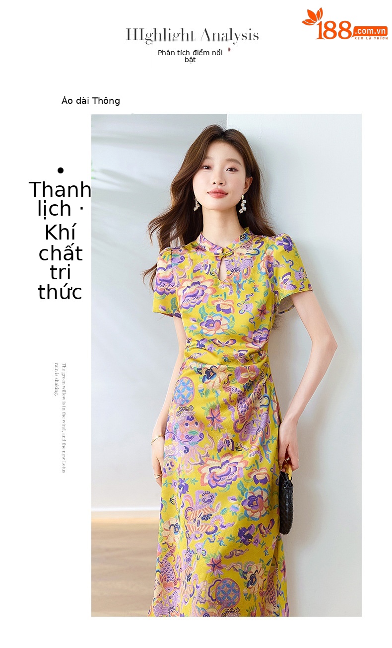 Đầm maxi nữ cổ đứng dài tay họa tiết hoa phong cách Tân Trung thức mùa hè 2025 — Màu hồng, Màu vàng chi tiết 3