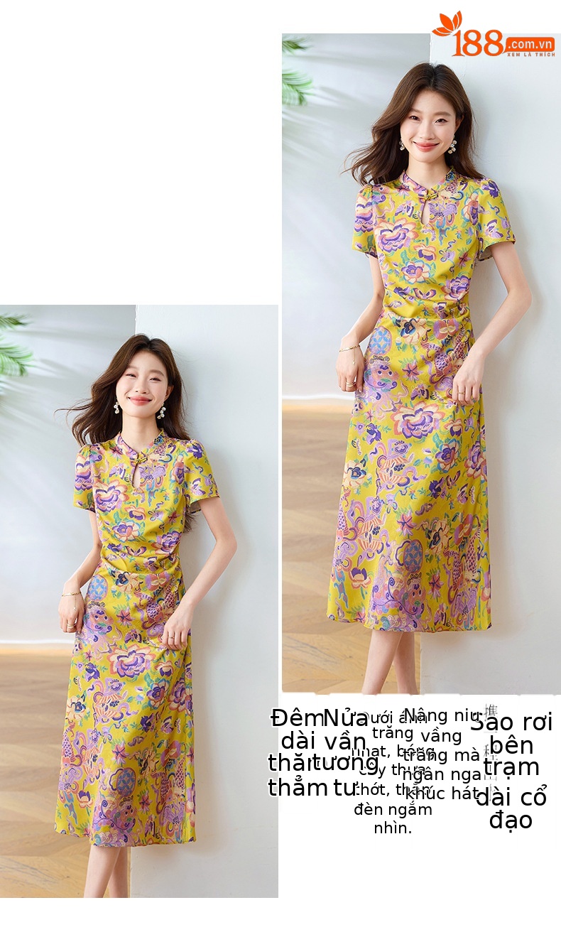 Đầm maxi nữ cổ đứng dài tay họa tiết hoa phong cách Tân Trung thức mùa hè 2025 — Màu hồng, Màu vàng chi tiết 22