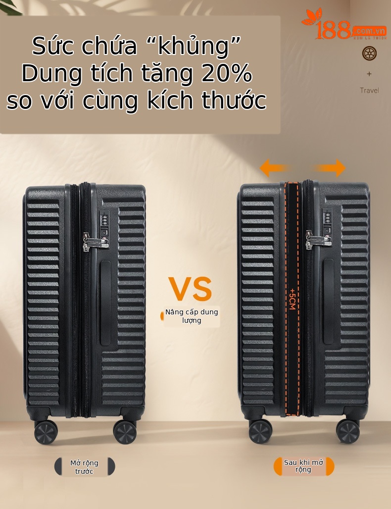 Vali PC nhẹ du lịch 20 inch mở rộng dung lượng 20% — màu đen, màu hồng, màu tím, màu trắng chi tiết 7
