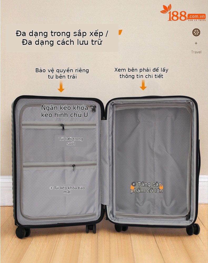 Vali PC nhẹ du lịch 20 inch mở rộng dung lượng 20% — màu đen, màu hồng, màu tím, màu trắng chi tiết 13