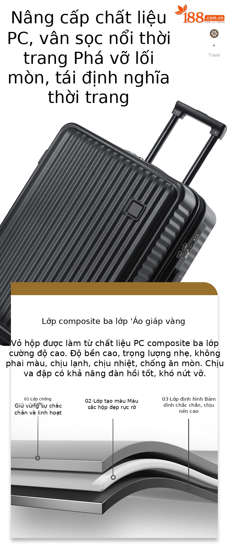 Vali PC nhẹ du lịch 20 inch mở rộng dung lượng 20% — màu đen, màu hồng, màu tím, màu trắng chi tiết 8
