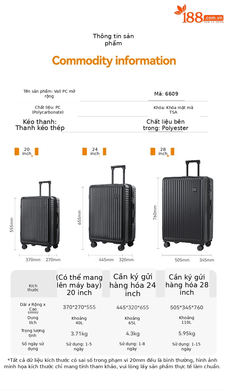 Vali PC nhẹ du lịch 20 inch mở rộng dung lượng 20% — màu đen, màu hồng, màu tím, màu trắng chi tiết 14