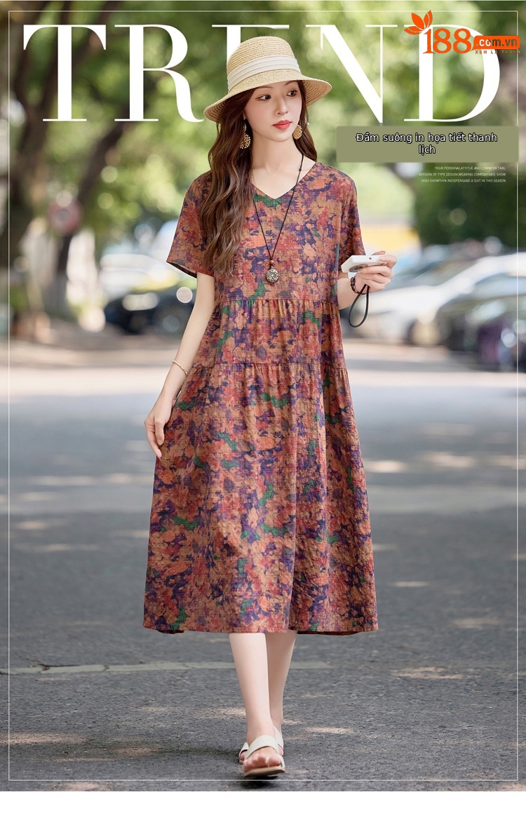 Đầm maxi nữ cotton linen in họa tiết thắt eo 2025 — Màu ảnh 03, Màu ảnh 04, Màu ảnh 01, Màu ảnh 02 chi tiết 1
