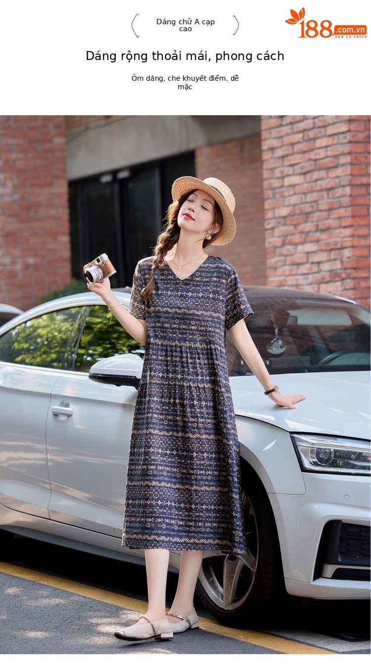 Đầm maxi nữ cotton linen in họa tiết thắt eo 2025 — Màu ảnh 03, Màu ảnh 04, Màu ảnh 01, Màu ảnh 02 chi tiết 4
