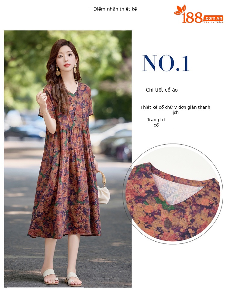 Đầm maxi nữ cotton linen in họa tiết thắt eo 2025 — Màu ảnh 03, Màu ảnh 04, Màu ảnh 01, Màu ảnh 02 chi tiết 5