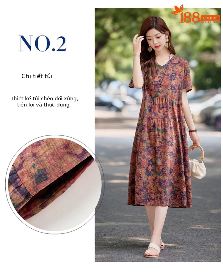 Đầm maxi nữ cotton linen in họa tiết thắt eo 2025 — Màu ảnh 03, Màu ảnh 04, Màu ảnh 01, Màu ảnh 02 chi tiết 6