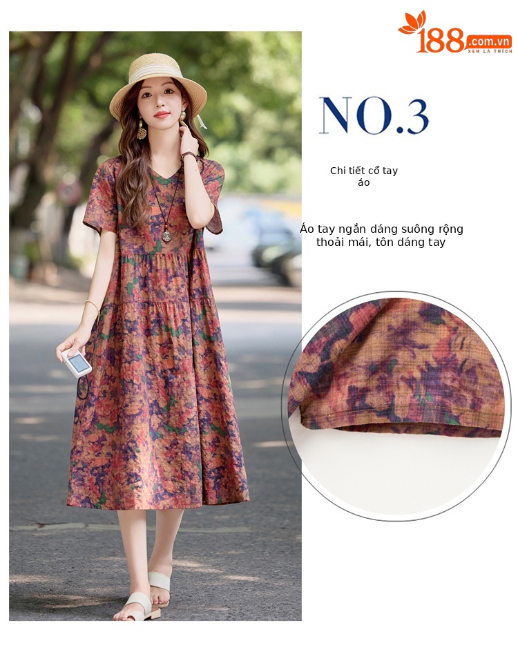 Đầm maxi nữ cotton linen in họa tiết thắt eo 2025 — Màu ảnh 03, Màu ảnh 04, Màu ảnh 01, Màu ảnh 02 chi tiết 7