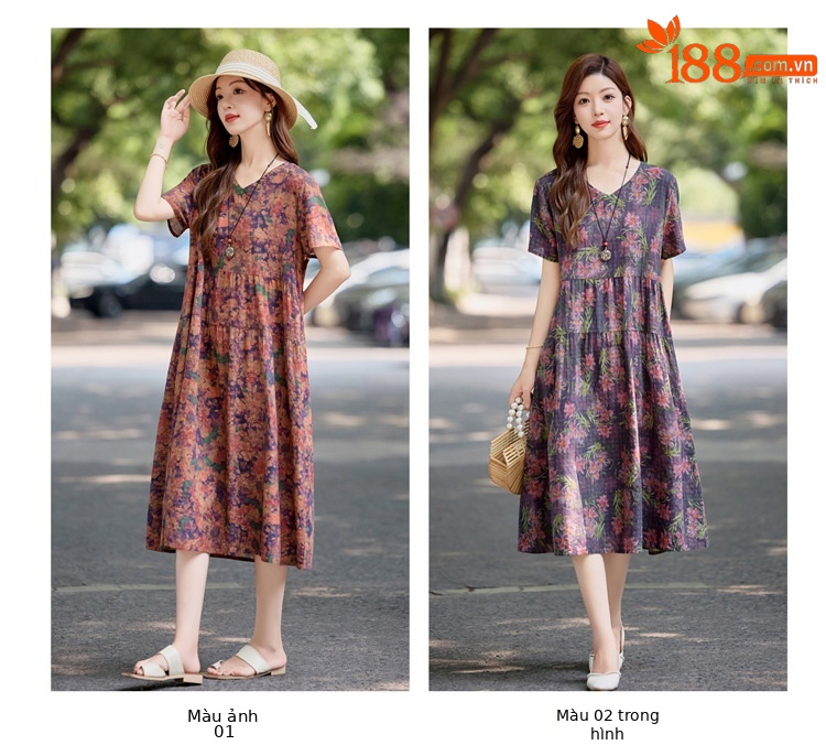 Đầm maxi nữ cotton linen in họa tiết thắt eo 2025 — Màu ảnh 03, Màu ảnh 04, Màu ảnh 01, Màu ảnh 02 chi tiết 11