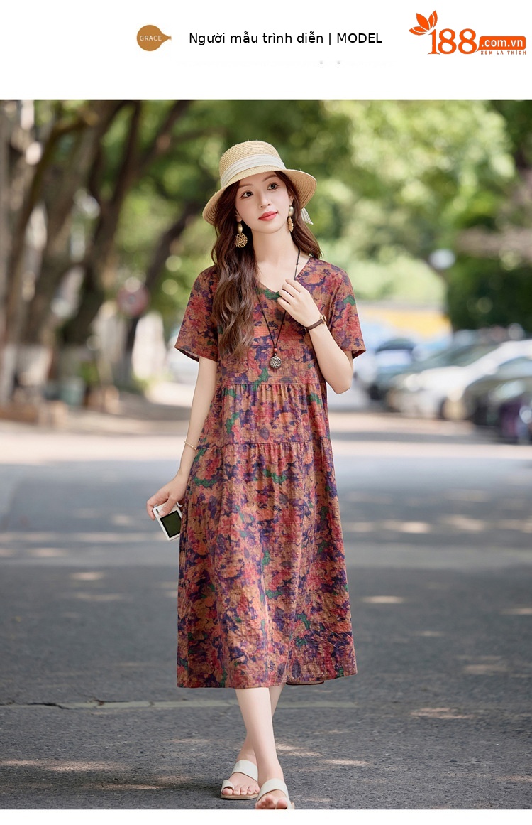 Đầm maxi nữ cotton linen in họa tiết thắt eo 2025 — Màu ảnh 03, Màu ảnh 04, Màu ảnh 01, Màu ảnh 02 chi tiết 13