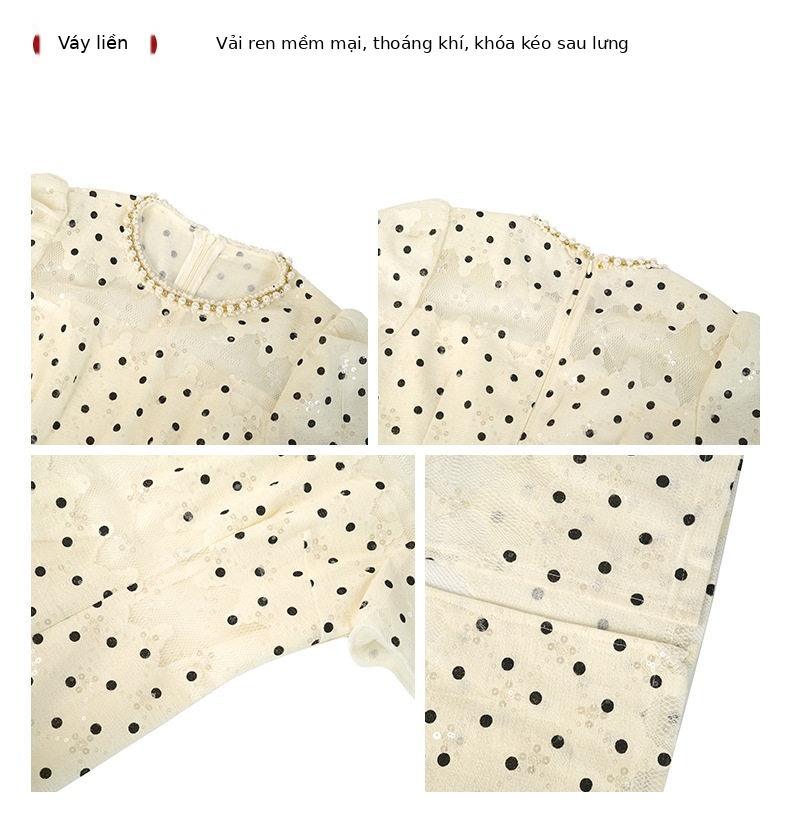 Đầm ren ôm body dáng midly tay ngắn cổ tròn phong cách Pháp — [Màu trắng hồng] chi tiết 3