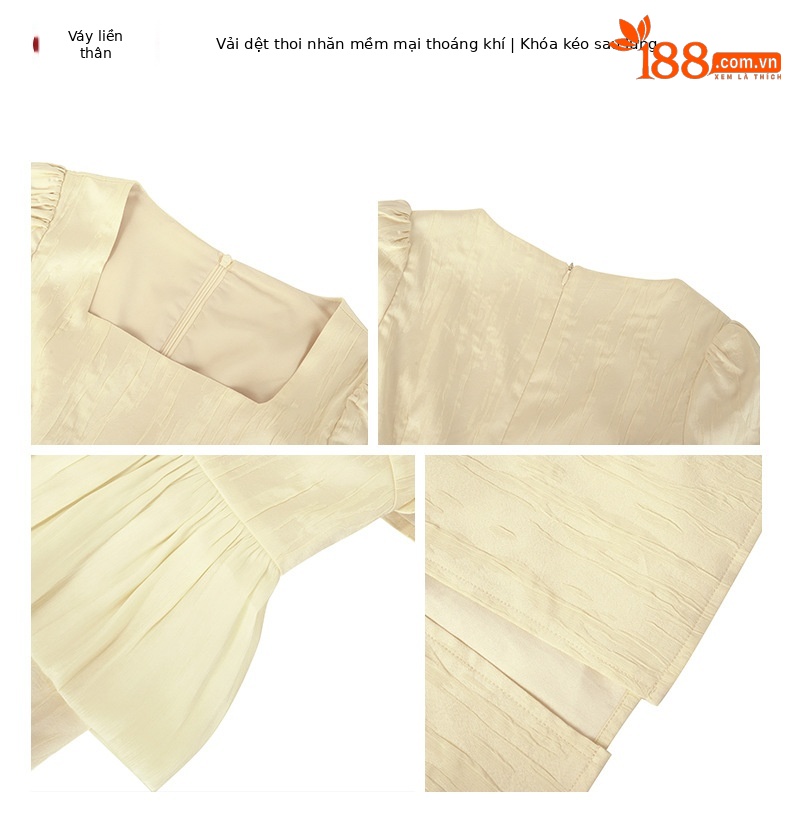 Đầm maxi nữ thắt eo cổ vuông phong cách Pháp, thiết kế chít eo che bụng giả hai tầng xẻ hông — Màu vàng mơ chi tiết 3