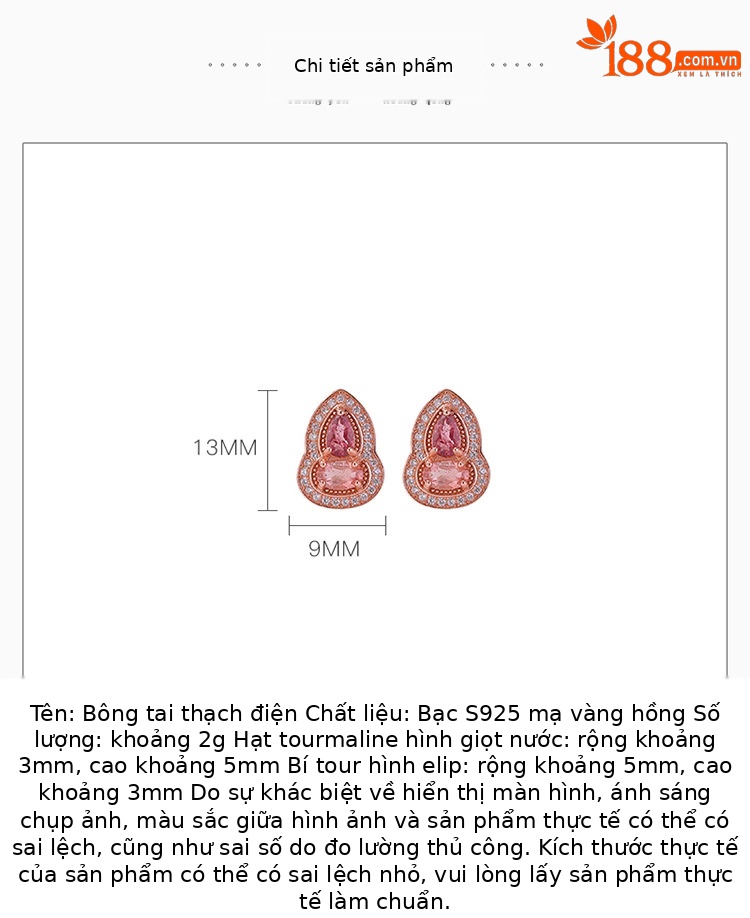 Bông tai bạc S925 mạ vàng hồng đính đá tourmaline hình quả hồ lô lấp lánh — Một cặp (màu tourmaline ngẫu nhiên) chi tiết 2