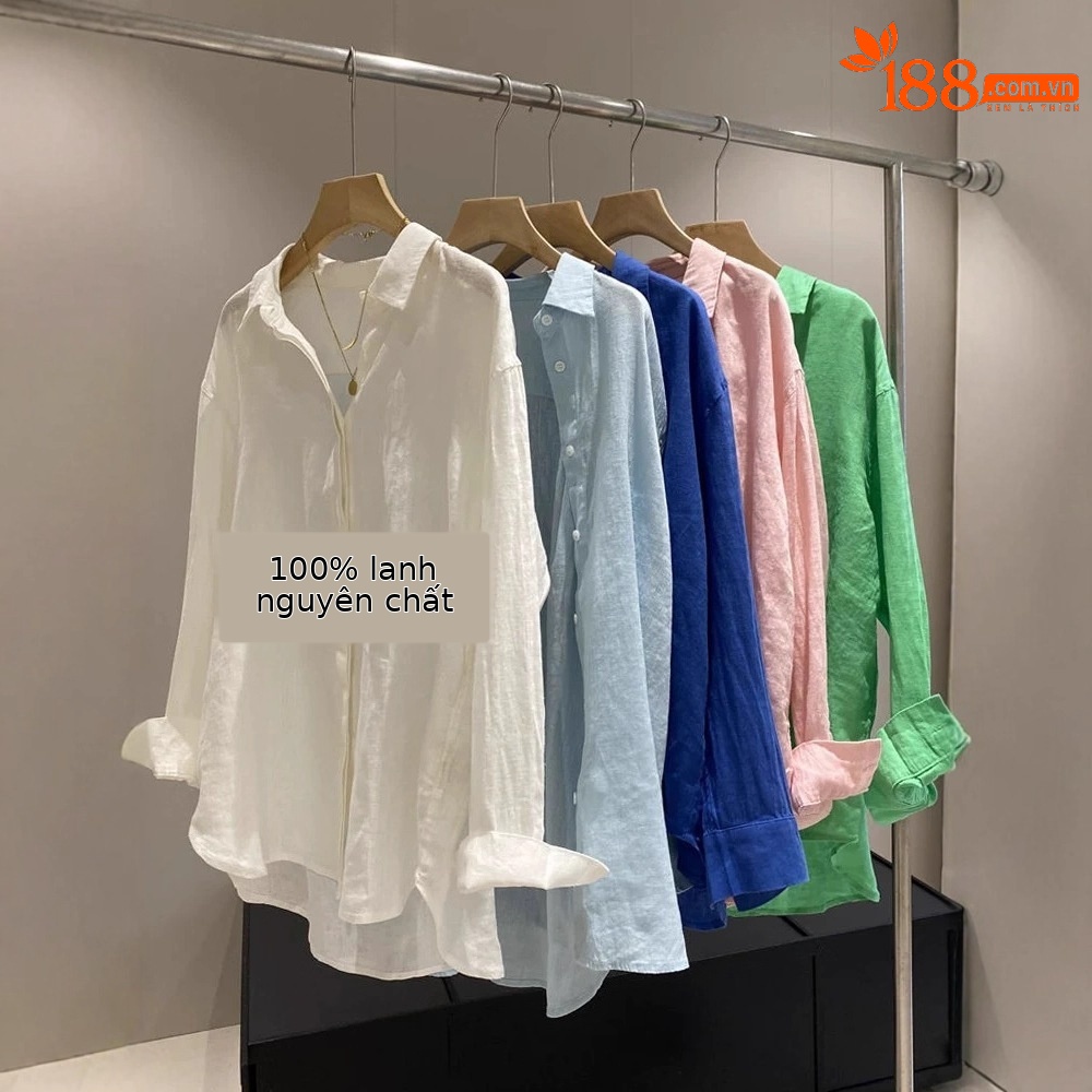 Áo sơ mi linen nữ tay dài phong cách Pháp, chất cotton pha lanh cao cấp, form rộng thoáng mát — màu xanh nhạt