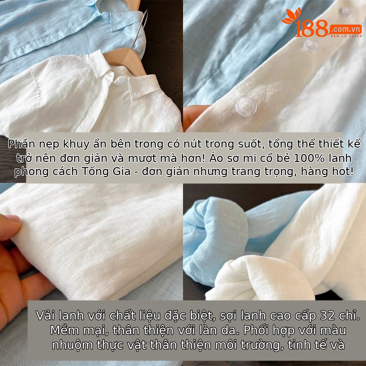 Áo sơ mi linen nữ tay dài phong cách Pháp, chất cotton pha lanh cao cấp, form rộng thoáng mát — màu xanh nhạt