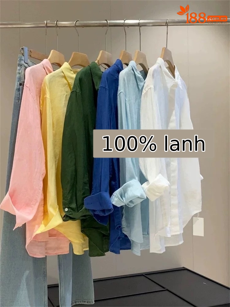 Áo sơ mi linen nữ tay dài phong cách Pháp, chất cotton pha lanh cao cấp, form rộng thoáng mát — màu xanh nhạt chi tiết 2