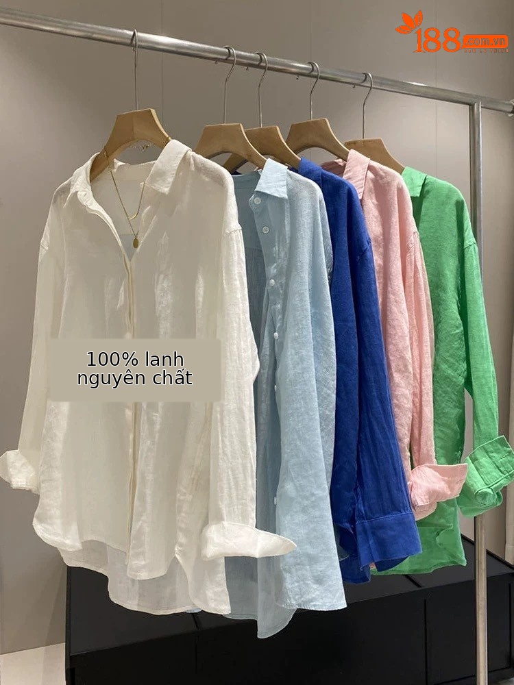Áo sơ mi linen nữ tay dài phong cách Pháp, chất cotton pha lanh cao cấp, form rộng thoáng mát — màu xanh nhạt chi tiết 9