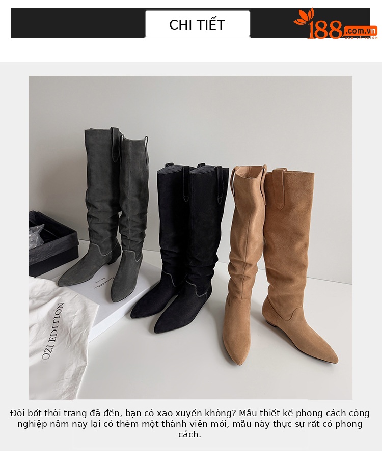 Boot nữ cổ thấp mũi nhọn gót thấp ống xếp ly chất da lộn — màu đen, màu xám, màu mơ chi tiết 4