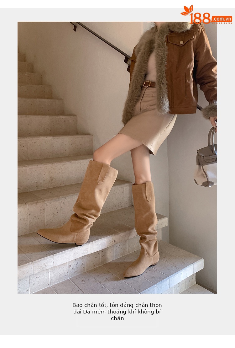 Boot nữ cổ thấp mũi nhọn gót thấp ống xếp ly chất da lộn — màu đen, màu xám, màu mơ chi tiết 5