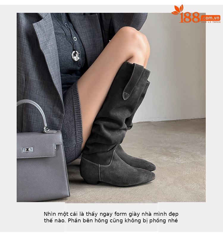Boot nữ cổ thấp mũi nhọn gót thấp ống xếp ly chất da lộn — màu đen, màu xám, màu mơ chi tiết 6