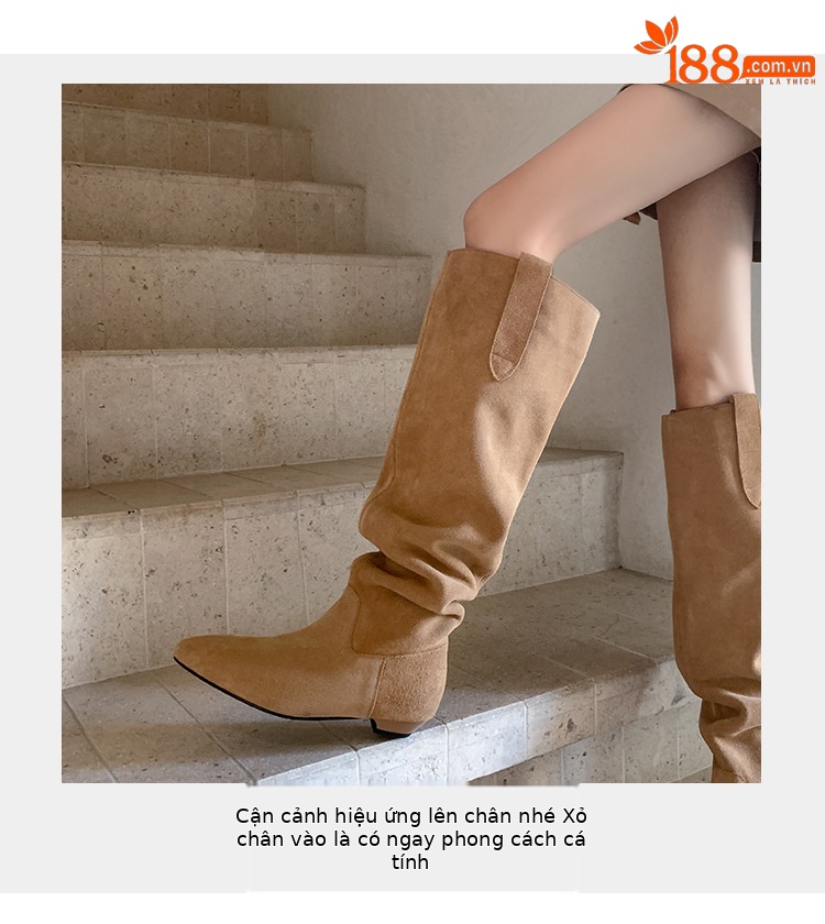 Boot nữ cổ thấp mũi nhọn gót thấp ống xếp ly chất da lộn — màu đen, màu xám, màu mơ chi tiết 7