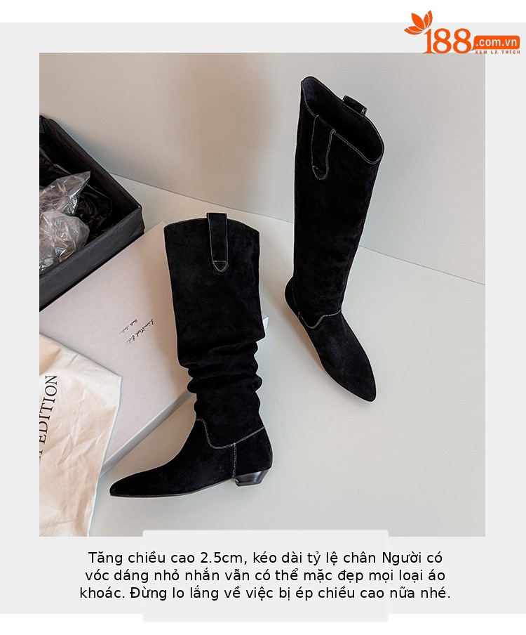 Boot nữ cổ thấp mũi nhọn gót thấp ống xếp ly chất da lộn — màu đen, màu xám, màu mơ chi tiết 8